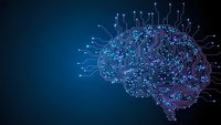 Digital brain with circuit patterns and glowing connections on blue background for artificial intelligence and technology concepts.