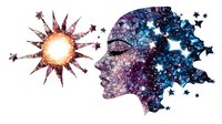 Mystical female profile with cosmic galaxy texture, stars, and celestial sun design in watercolor style. Purple and blue space elements create dreamy spiritual artwork.