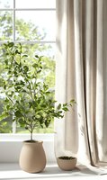 Green plant in beige ceramic pot on windowsill with natural light streaming through window, white curtains creating soft atmosphere for home interior styling.