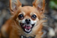 Closeup portrait of snarling brown Chihuahua dog showing teeth with aggressive facial expression against blurred natural background. For pet behavior articles.