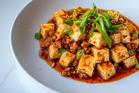 Spicy mapo tofu with minced meat, green onions and chili sauce served in white plate, traditional Asian cuisine dish with silky soft tofu cubes.