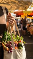 Person holding reusable tote bag filled with fresh produce at farmers market. Unrecognizable middle-aged individual with medium skin tone carrying organic vegetables and fruits for sustainable shopping and healthy eating lifestyle.