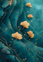 Golden ginkgo leaves float on emerald green watercolor waves with shimmering gold accents and flowing lines creating luxurious abstract art pattern.