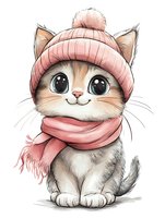 Cute cartoon kitten wearing pink winter knit hat and scarf, drawn in soft watercolor style on white background. Suitable for children's designs and holiday cards.