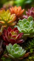 Colorful succulent plants with water droplets in garden, featuring red, orange, yellow and green rosettes growing together in natural setting.