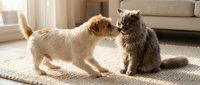 Two cats playing and touching paws on a beige carpet in a bright living room with sofa and window, capturing playful interaction and friendship.