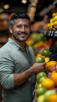 Mature Hispanic man with salt and pepper hair selecting fresh citrus fruits at grocery store produce section, wearing casual green shirt and displaying genuine smile.