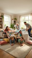Multi-generational family building blanket fort in bright living room with grandmother, parents and children playing together at home.