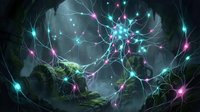 Mystical forest cave with glowing neural network connections, magical energy pathways in cyan and magenta colors creating ethereal atmosphere.