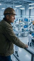 Middle-aged male factory supervisor wearing hard hat and work jacket observing manufacturing floor operations from elevated platform. Industrial workplace safety and management concept.