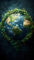 Planet Earth with green vine wreath surrounding continents, showing North and South America against dark background, representing environmental conservation and nature.