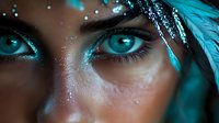 Close up portrait of young woman with bright turquoise eyes and creative glitter makeup in mystical blue lighting, artistic beauty photography.