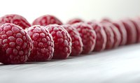 Fresh ripe raspberries arranged in straight line on white surface with selective focus and shallow depth of field, macro food photography.