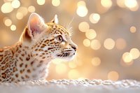 Adorable leopard cub with spotted fur gazing sideways against warm golden bokeh lights background creating magical dreamy atmosphere for wildlife photography.