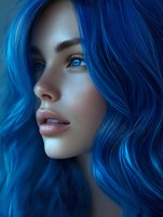 Young woman with vibrant blue hair and matching eyes in profile view against dark background, dramatic lighting highlights facial features and flowing hair.