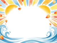 Vibrant summer frame with sun rays and ocean waves on white background for seasonal designs and tropical vacation themes.