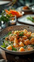 Succulent grilled shrimp served on creamy sauce with fresh herbs and spices, garnished with microgreens on artisanal ceramic plate in moody restaurant setting.