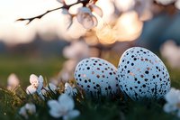 Speckled blue Easter eggs nestled in spring grass with white blossoms and soft bokeh lights creating magical seasonal atmosphere at sunset.
