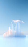 Minimalist cityscape silhouette with soft gradient colors and fluffy clouds against light blue sky, creating dreamy architectural composition for modern design projects.
