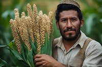 Latino farmer holding ripe sorghum grain crop in field during harvest season. Agricultural worker examining quality of organic cereal cultivation on farm.