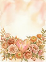 Watercolor floral frame with pink heart, roses and ranunculus on soft pastel background for wedding invitations, greeting cards and romantic designs.