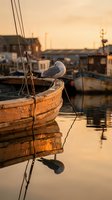 Seagull perched on weathered fishing boat bow at golden hour sunset in peaceful harbor with warm reflections on calm water creating serene maritime atmosphere.