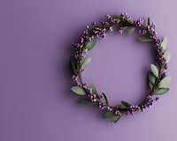 Delicate floral wreath with purple berries and green leaves on purple background, circular arrangement creates elegant frame for wedding and seasonal designs.