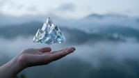 Hand holding a transparent crystal ice mountain against a misty mountain landscape background, symbolizing environmental conservation and sustainability concepts.