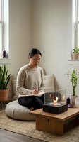 Young Asian woman meditating in peaceful living room with tabletop fireplace, plants and natural light creating serene wellness atmosphere.