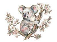 Cute koala holding flowering branch with pink blossoms, isolated on white background. Perfect for children's designs, nursery decor, apparel, and stickers.