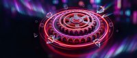 Futuristic neon holographic circular interface with glowing red and pink elements on dark background with light effects for sci-fi technology designs.