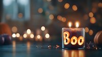 Glowing Halloween candle holder with "Boo" text casting warm light against dark background with bokeh effects and scattered decorative elements.