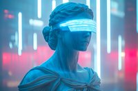 Futuristic portrait of woman wearing glowing visor headset against neon lights background, dramatic cyberpunk atmosphere with blue and red color scheme.