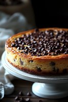Homemade chocolate chip cheesecake with glossy chocolate ganache topping on white cake stand, rich dessert for bakery menu and special occasions.