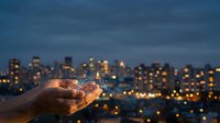 Hand holding glowing light orb against blurred city skyline at dusk, symbolizing innovation, energy, and urban technology concepts for business and creative projects.