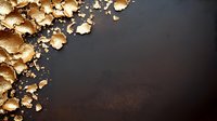 Scattered gold leaf flakes and metallic fragments on dark textured background create luxurious composition with copy space for elegant design projects.