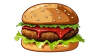 Juicy hamburger with beef patty, fresh lettuce, tomato sauce and sesame bun on white background, appetizing fast food illustration for menu design and advertising.
