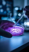 Scientist hands in purple gloves using pipette to drop sample into petri dish with bacterial culture in modern laboratory for medical research and analysis.