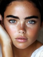 Close-up portrait of young woman with striking blue eyes, natural freckles, and dark eyebrows showing natural beauty against neutral background.