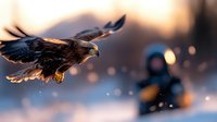 Majestic golden eagle soaring in winter landscape with blurred snowmobile rider in background, dramatic sunset lighting creates atmospheric outdoor scene.