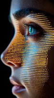 Close-up profile of face illuminated by glowing orange digital pattern projection, featuring bright blue eye and dramatic eyelashes against dark background.