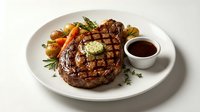 Grilled ribeye steak with herb butter, roasted vegetables and sauce on white plate. Restaurant quality beef dinner with professional food styling.