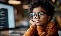 Young African American girl in glasses learning to code, wearing orange sweater, looking thoughtfully at computer screen in modern workspace setting.