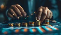 Male hands stacking gold coins on financial chart with glowing upward trend graph, representing investment growth and profit analysis in dark setting.