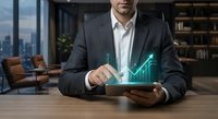 Professional businessman using digital tablet with holographic financial growth chart in modern office environment for business analytics and data visualization.