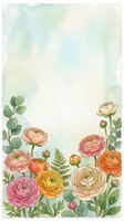 Watercolor ranunculus flowers frame with soft pastel background, botanical border design for wedding invitations, greeting cards and spring decorations.