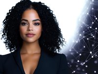 Young African American businesswoman with natural curly hair against futuristic network background, representing leadership and innovation in technology sector.