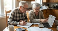 Senior Caucasian couple managing household finances together at kitchen table with laptop calculator and paperwork for retirement planning.