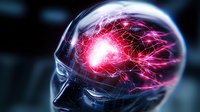 Glowing red neural network inside transparent human head profile showing brain activity and artificial intelligence concept on dark background.