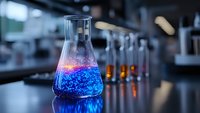 Laboratory glassware with glowing blue liquid and pink luminescence in dark scientific lab setting, test tubes with orange solutions in background.